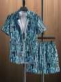 "Stylish Men's Two-Piece Outfit - Blue Geometric Print Short Sleeve Shirt and Shorts Set". 