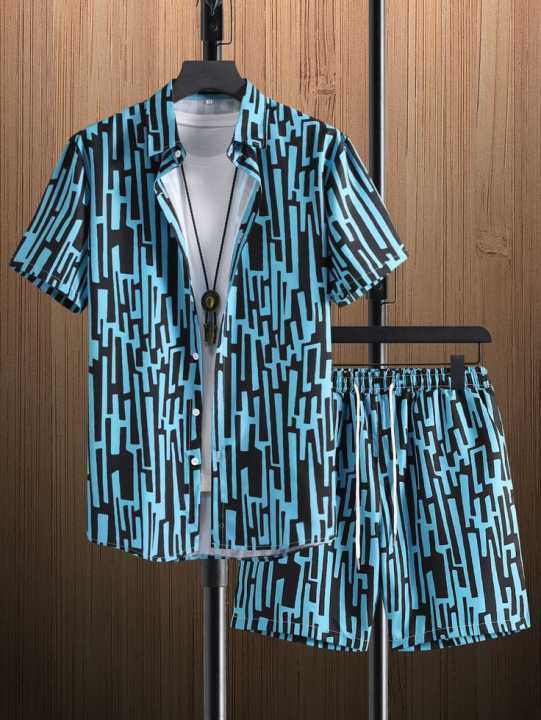 "Stylish Men's Two-Piece Outfit - Blue Geometric Print Short Sleeve Shirt and Shorts Set"