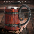 Stainless Steel Mug Viking Style Wooden Barrel Cup Vintage Coffee Mugs Double Wall Drinking Cups Kitchen Supplies. 