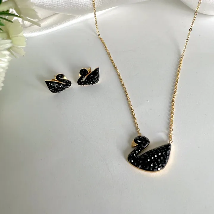 Iconic Swan Pendant & Stud Earring Set-Black Swan-Pure Stainless Steel-Anti tarnish Material-Imported Thai Quality-Water/Sweat Resistant