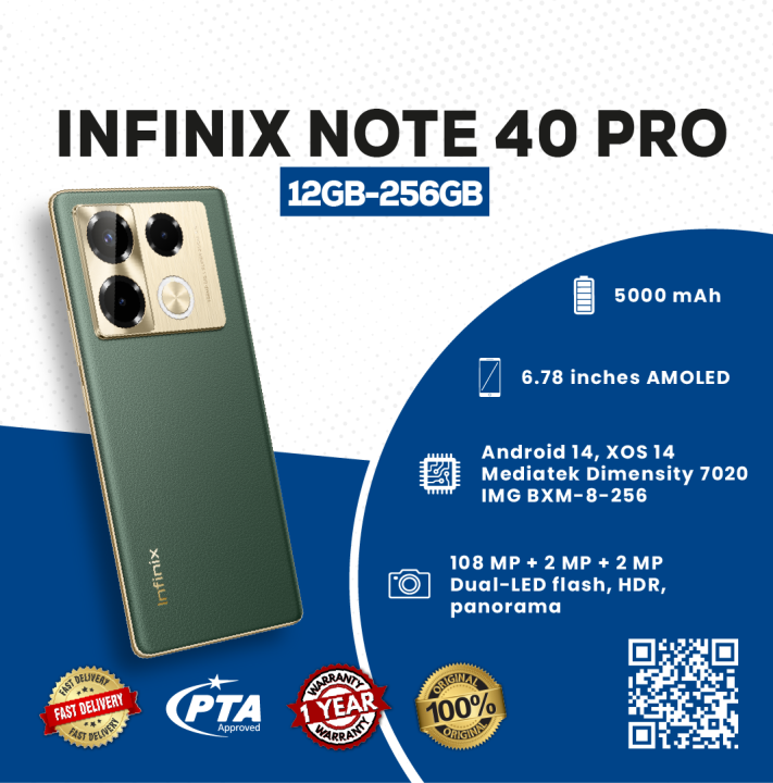 Infinix Note 40 Pro, 12GB RAM + 256GB ROM, 120Hz AMOLED LCD 6.78 inches Display, 5000 mAh Battery, 108MP Triple Camera, Mediatek Dimensity 7020 Chipset, With 1 Year Warranty