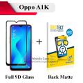 Oppo A1K Black Full 9D Edge to Edge(Full Glue) Tempered Glass Screen Protector + Back Matte Protector Soft Skin Sheet Soft Film Protection For A1K. 