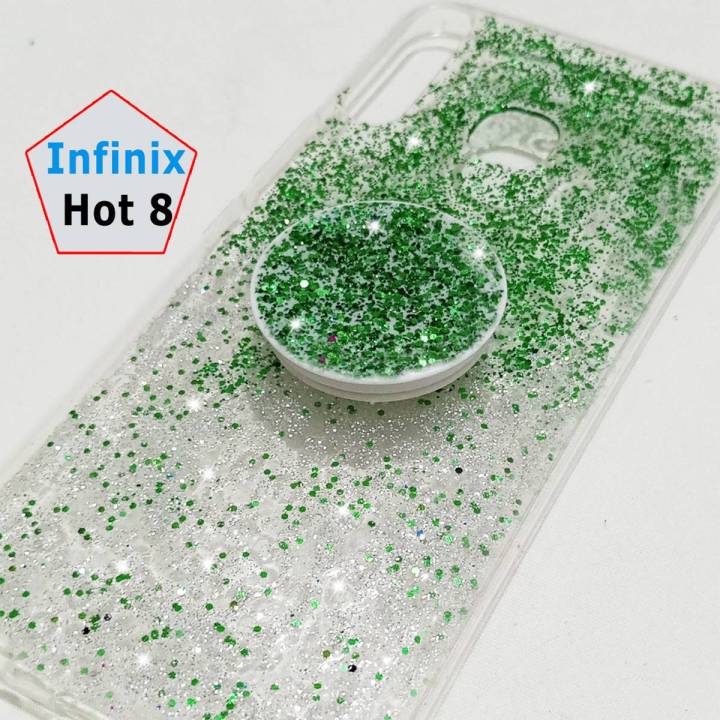 Infinix Hot 8 Cover Case - Ladies Fancy Back Cover  -  Stylish Glitter sparkling Fancy Girls Mobile Back Cover Pouch for Ladies - CZN- Green