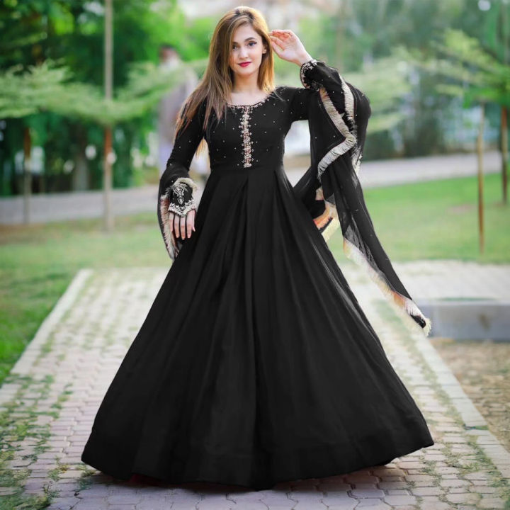 Elegant Pearls Embroidered Maxi Dress for Women, 3-Piece Party Wear Frocks