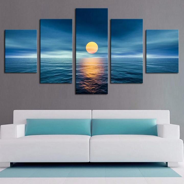 5 Piece Wall Frame Canvas Painting Sunset Blue Water Wall Art Home Decoration Canvas Prints Poster Wall Art Home Décor For Living Room Decoration