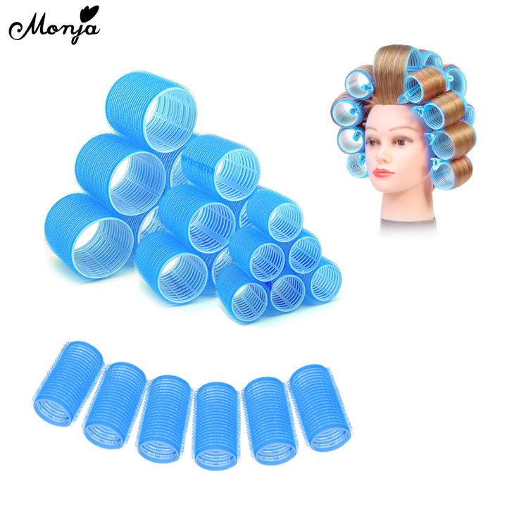 Monja 6Pcs Blue Self-Grip Hair Rollers Hair Curlers No Heat Hair Bangs Volume Self-adhesive Jumbo Size Sticky DIY Styling Tools