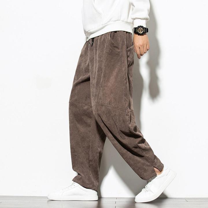 Yfashion Men Corduroy Pants Casual Solid Color Mid-waist Straight Harem Trousers Large Size Loose Wide Leg Pants color