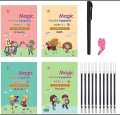 Set of 4 Sank Magic Learning Book with Magic Pen & 10 refills, Practice book For Montessori children-Tracing Handwriting First Learning Books for Kids--Children's Notebook For Calligraphy. 