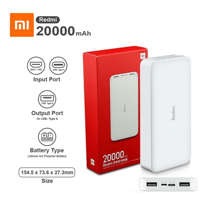Redmi Power Bank 20000 MAH | 18 Watt | Fast Charging | Dual USB Port with Type-C & iFone | High Power Capacity