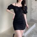 Ladies Mini Skirt, Girls Summer Temperament Solid Color Puff Sleeve Drawstring Ruched Short Dress. 