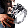 Retro Punk Dragon Ring -Men Women Exaggerated Antique Siver Color Open Ring- Goth Eagle Demon Metal Adjustable Opening Ring. 