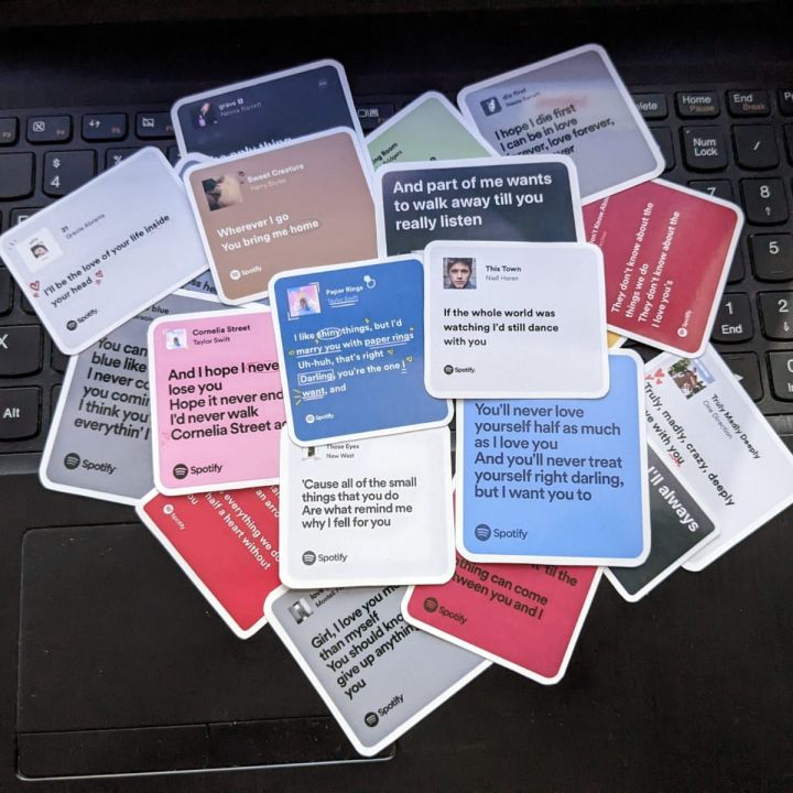 20 pcs SPOTIFY MIX LYRICS sticker pack based on many different famous songs including taylor swift lover harry styles gracie abrams one direction niall horan nessa aesthetic cute new west good riddance apple music stickers pinterest journalling girly