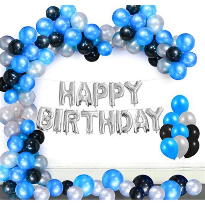 Happy birthday Decoration Set (Package Including) Happy Birthday Silver Foil Balloon Banner ,50 Latex Balloons (18blue ,18silver ,12black)