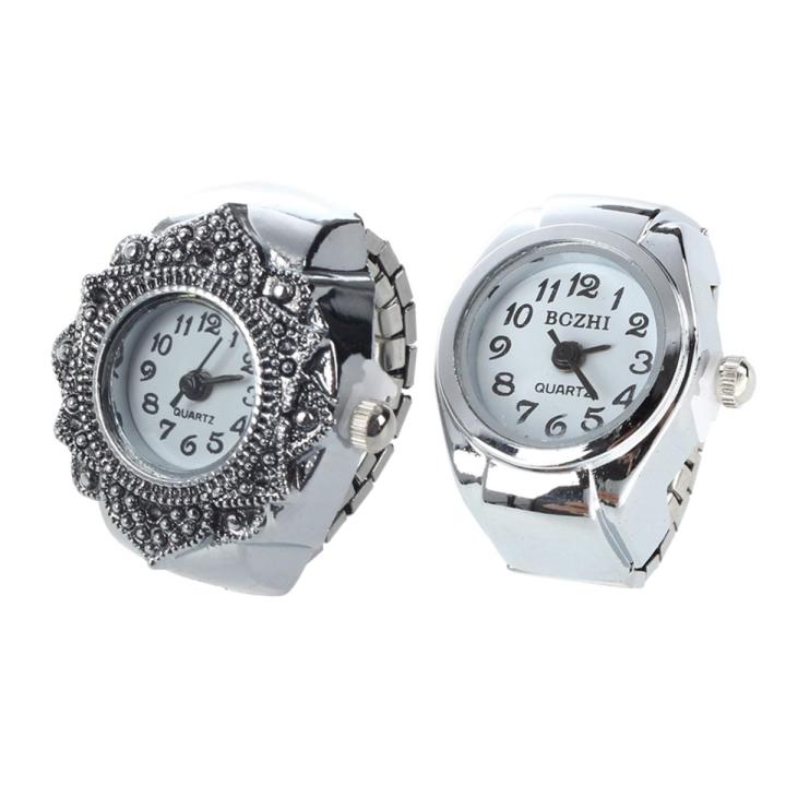 2 Pcs Watch:1 Pcs Flower Men Lady Finger Ring Watch & 1 Pcs Alloy Round White Dial Arabic Numerals Ring Watch Silver