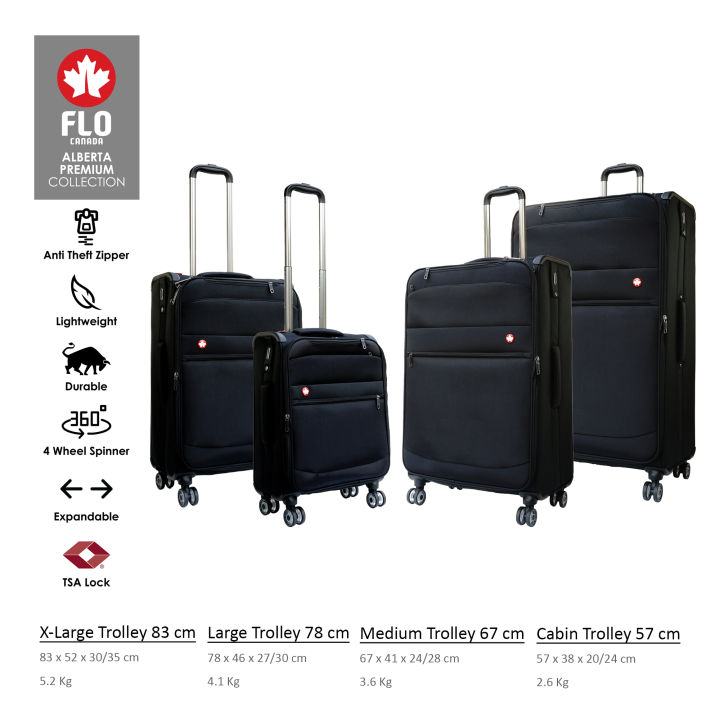 FLO Alberta Premium 2024 Expandable Luggage Trolley Suitcase, TSA Lock, 4 Wheels, Softside