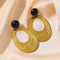 Eilieck 316l Stainless Steel Oval Tree Whorl Pattern Earrings For Women Black Stone Ear Jewelry Party. 