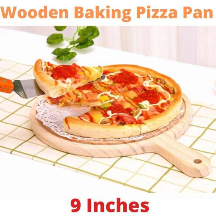 Wooden Pizza board Round with Hand Pizza Pan Baking Tray Pizza Cutting Board Platter Pizza Bamboo Cake Pan Bakeware (9 Inches)