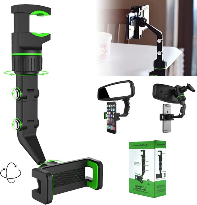 360° Rearview Mirror Phone Holder, Universal Car Phone Holder, for Car Rearview Mirror Cylindrical Mount, Phone and GPS Holder, Suitable for All 4-6.1 Inch Mobile Phones