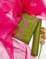 3-Piece Unstitched Katan Silk Dress Set with Intricate Handmade Embroidery and Luxurious Organza Dupatta. 