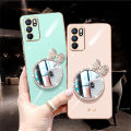 For OPPO A16 Back Cover + Bowknot Makeup Mirror Fashion Shiny Plating Square Bumper Bling Girls Phone Case Soft TPU Silicone Shockproof Back Cover. 