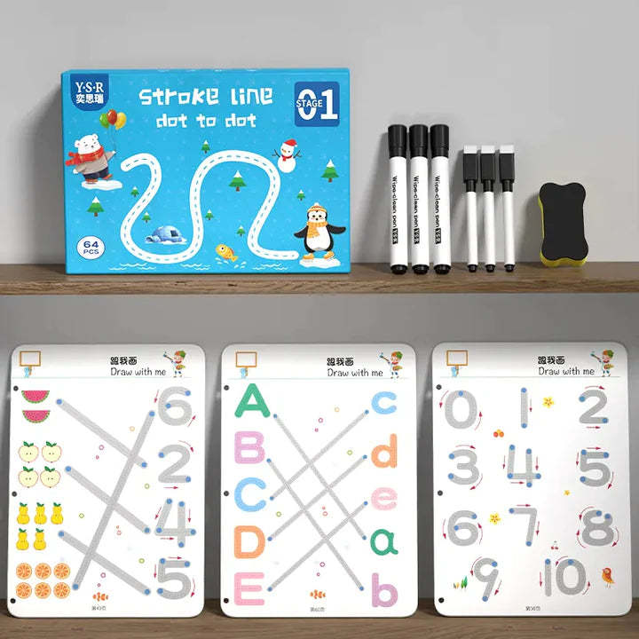 Magical Tracing Workbook Set , 64 Page Children Tracing Book For Kids Training Coloring Erasable Writing Materials Kid Educational Pen Control Rewritable Practice Digital Concentration Early Education Thinking Entry Basic Card Preschool Toys Workbook