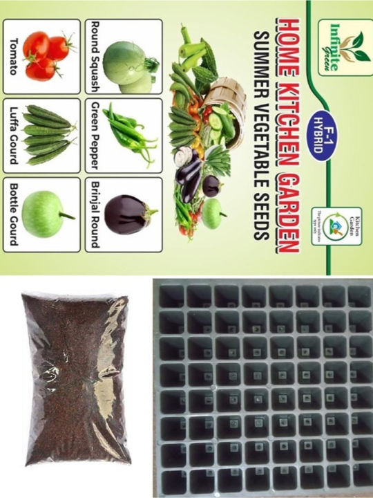 Combo Pack of 6 F1 Hybrid Summer Vegetables seeds With 64 holes seedling tray & 500 gram Seeds Starting Potting Mix