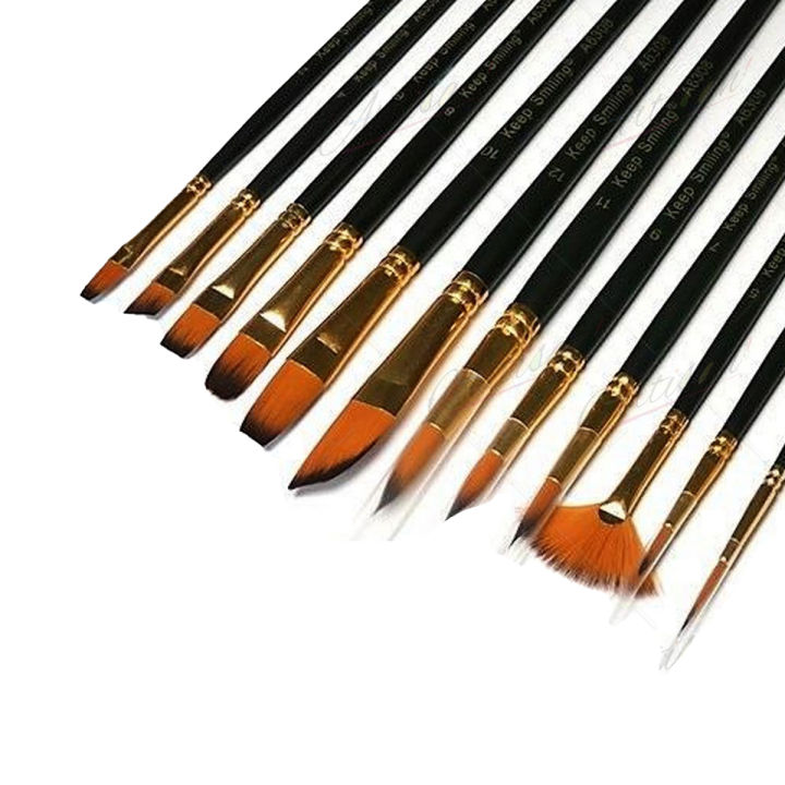 Artisan - A6308 Pack of 12 Multi Shapes High Quality Nylon Professional Art Brush Set Water Color Oil Acrylic Artist Paint Brush Set