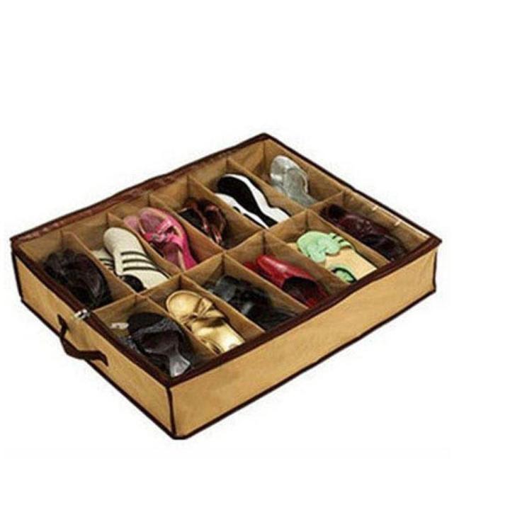 12 Pairs of Shoes Under Bed Shoe Organizer Bag Hard Solid Fabric with Clear Plastic Zip Cover Store up to