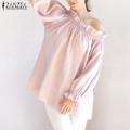 ZANZEA Womens Long Lantern Sleeve Elastic One Shoulder Waterfall Loose Blouse Shirt Pink. 