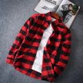 Kemeja lelaki Kemeja kotak-kotak polo trend Korea berlapel ringkas atasan baju lengan panjang liar longgar. 