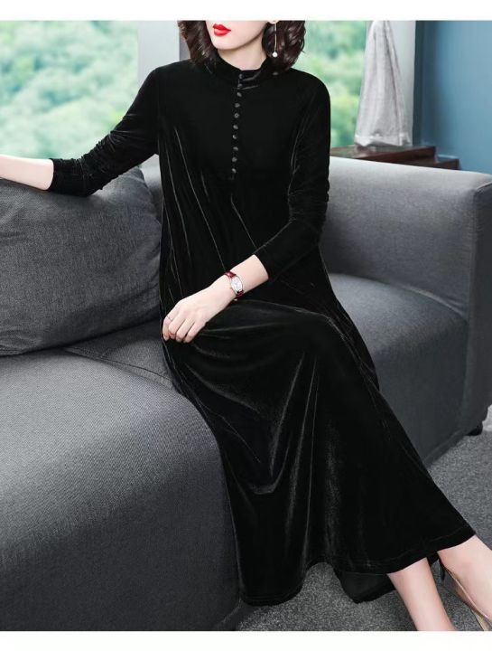 bellylady%20Women%20Velvet%20Long%20Skirt%20Fashionable%20Solid%20Color%20Long%20Sleeves%20Round%20Neck%20Dress%20Elegant%20Large%20Size%20Casual%20Dress%20-%20Image%204