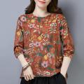 bellylady Women Long Sleeves Shirt Trendy Round Neck Retro Printing Tops Loose Large Size Casual Pullover T-shirt. 