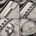 Black Casual Watches + Bracelet + Cuban Chain Bracelet +3D Bar Locket With Chain+Ring -High Quality In Random Dial Design With Stainless Steel Strap + Bracelet Chain + Necklace + Ring. 