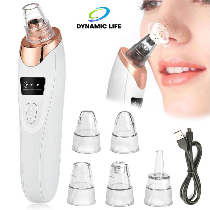 Dynamic Life 5 in 1 Rechargable Derma Suction Blackhead Removal Machine Vacuum Suction Cystic Acne Scars Pimple Pore Pooping Oil Cleaner Face Facial Beauty Tool Whitehead Extractor Device Kit Skin Body with 3 Modes,