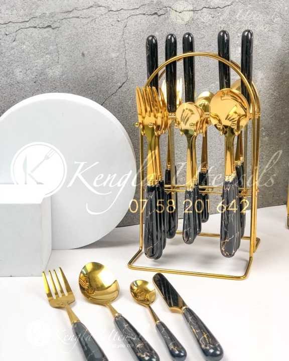 24 Piece GOLDEN Hanging Cutlery Set & Holder/Stand, Elegant Life Cutlery Set, Stainless Steel and Mirror Polishing Dinnerware Sets