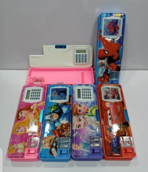 1 Button Pencil Box with Sharpener & Calculator  Double Sided Plastic Pencil Box Pack of 01 Pcs