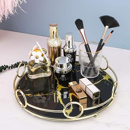 Makeup Organizer Tray, Decorative Glass Vanity Tray for Perfume, Jewelry and Decor, Round Cosmetic Storage for Dresser, Bathroom Counter,
