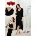 Nighty Set 3 Piece Night Wear For Women/ sleepwear (GOWN + Inner Dress + Trouser) -Black. 