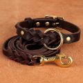 Soft Real Leather Dog Collar and Leash Set Adjustable Braided Dogs Collars 150cm Lead Rope for Medium Large Dogs German Shepherd. 