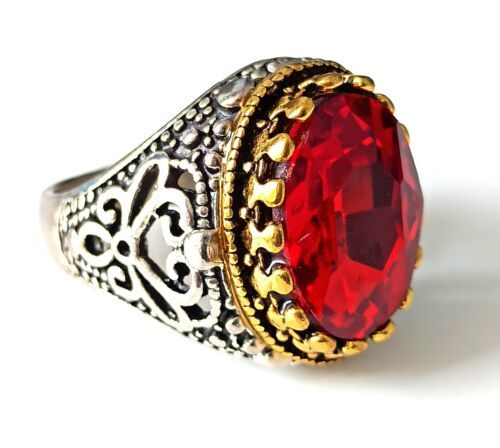 Silver and Gold Touching Ring with beautiful Red stone ring for men