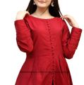 Cotton front open style long frock paired with smart trouser angrakha peplum frock with tulip stitched two-piece suit traditional wear. 