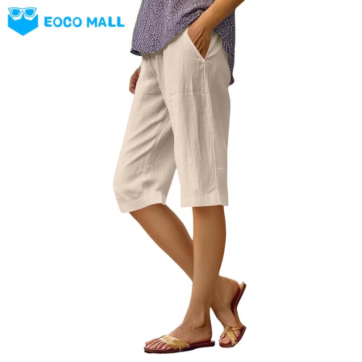 EOCO MALL Women Harem Pants Comfy Knee-length Women's Shorts with Pockets Perfect for Summer Elastic Waist Casual Style Ideal for Home or Sports Available in Various Colors Women Straight Sports Pants