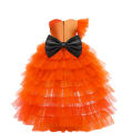 Little Girls Halloween Princess Dress, Pumpkin Printed Back Zipper Large Bowknot Layered Mesh Patchwork Irregular One-Piece. 