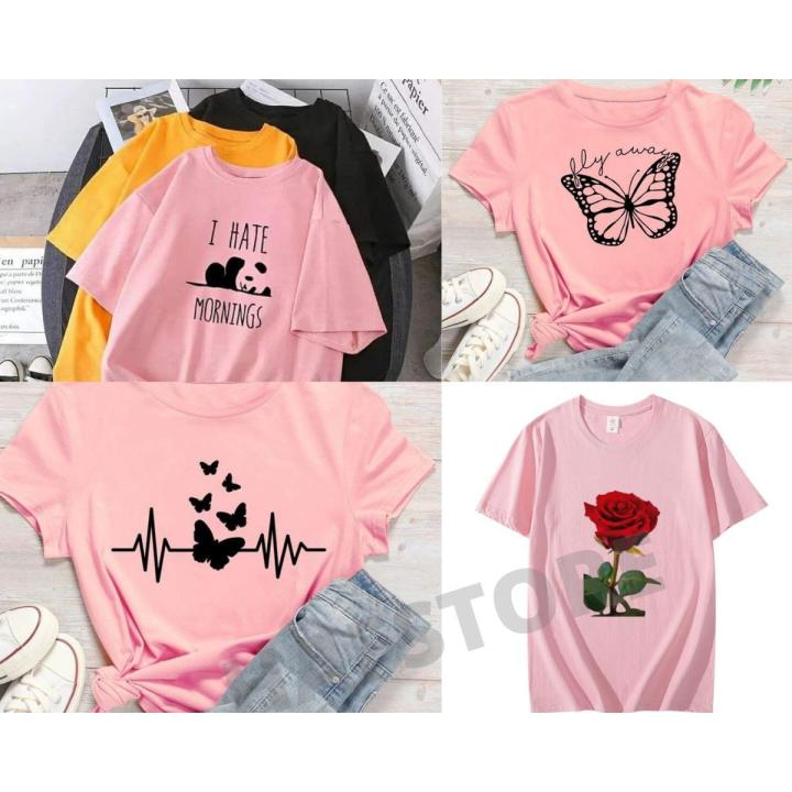 Pack of 4 Pink Printed Summer Half Sleeves T-Shirts for girls and Women