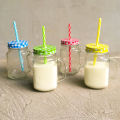 Set of 4 Mason Jar Mugs with Handle, Multi Colored  Lids and Plastic Straws - Ideal for BBQ's, General Home Kids Use, Summer Parties, Picnics and More (450ml per Glass). 
