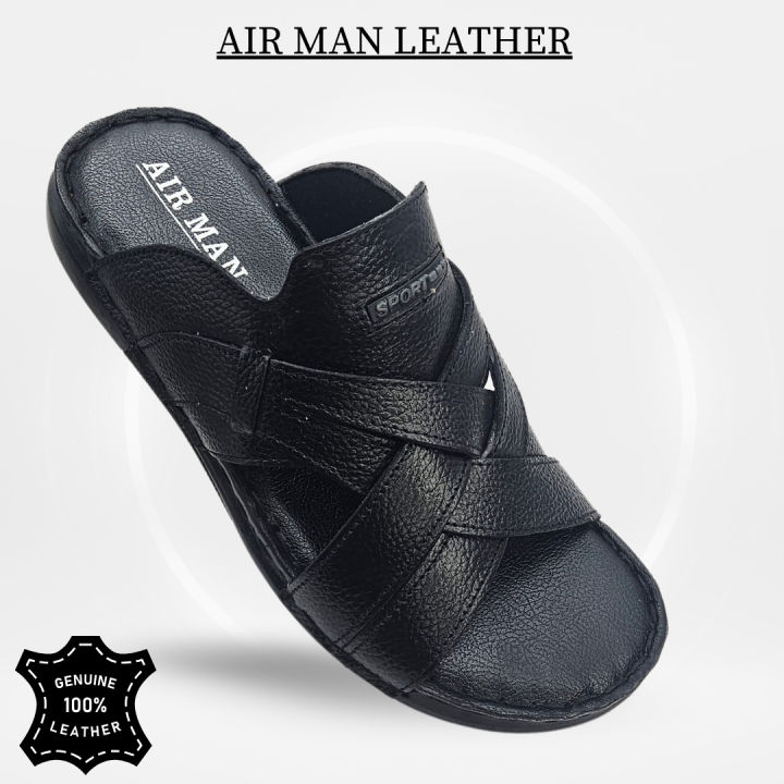 AirMan Fashion Black Leather Comfort Slipper