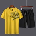 T Shirt and Black Shorts Gym wear Tiger printed summer track Men's Clothing Summer Breathable and comfortable. 