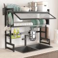 Double Cabinet Dish Drying Rack Over Sink | Modern Steel Kitchen Dish Drying Storage Organizer Stand with Cover | Kitchen Sink Cabinet Drain Shelf for Plates Bowls Utensils Cleaning Tools. 