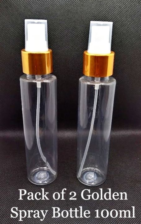 Pack of 2 Empty Plastic Spray Bottle Golden 100 ml Refillable Empty Plastic Bottles with Golden Spray Fine Mist Spray Bottle Cosmetics, Toner, Rose Water Face, Hair, Beauty Products etc Travel Size
