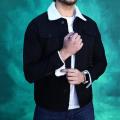 Jet Black Sherpa Denim Jacket with White Fur. 